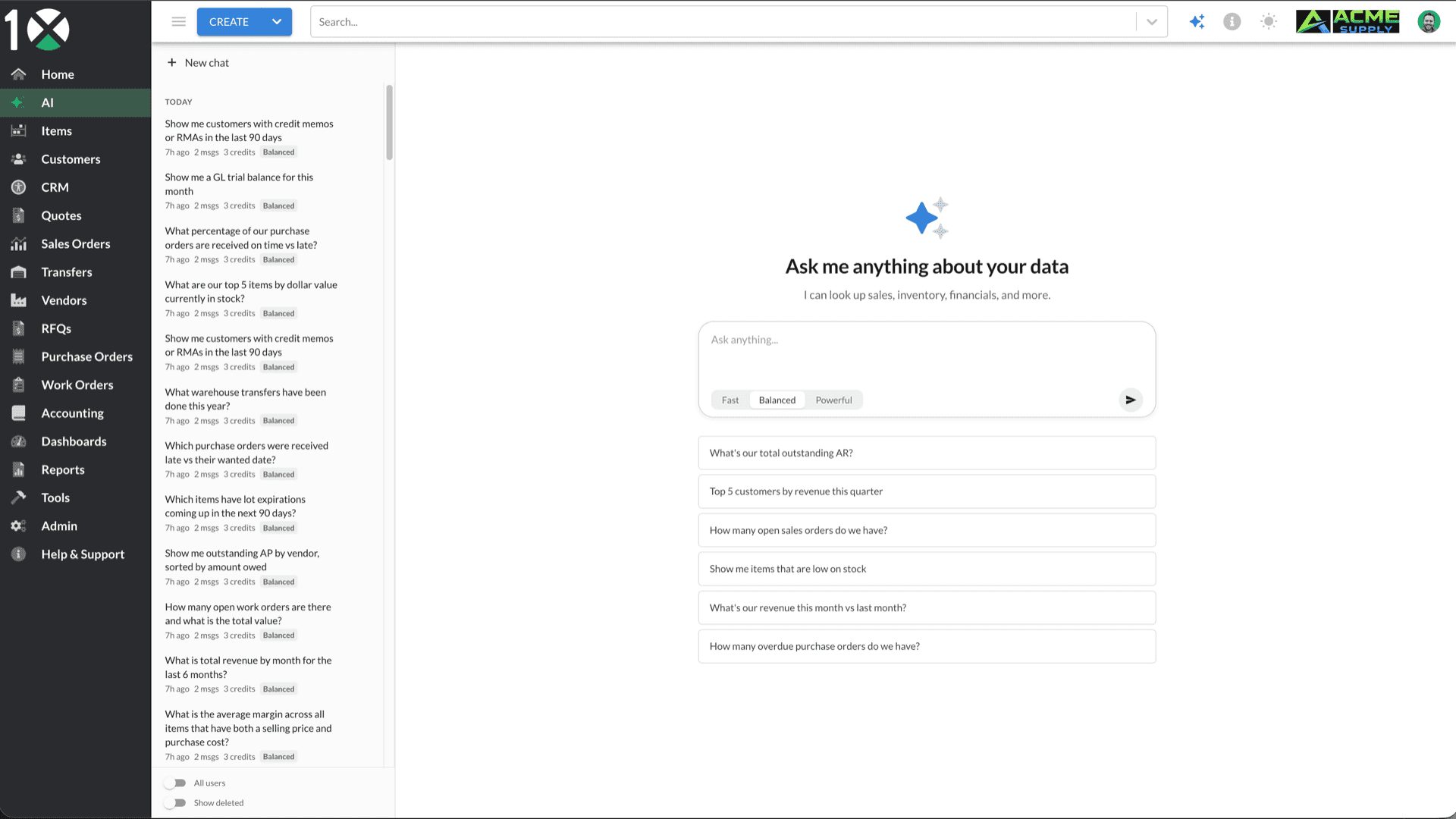 10X ERP AI feature answering a natural-language question about distribution data