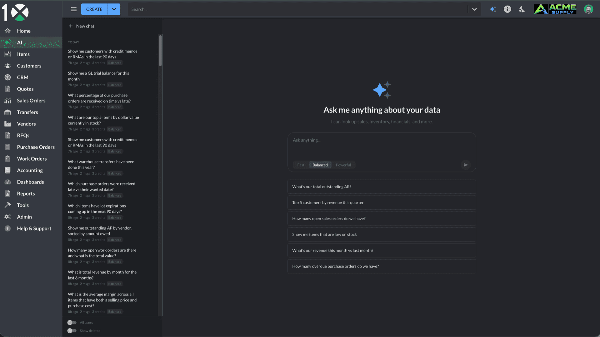 10X ERP AI feature answering a natural-language question about distribution data